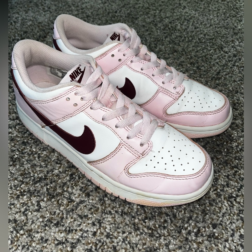 Nike Low Dunks pink and white with maroon detail